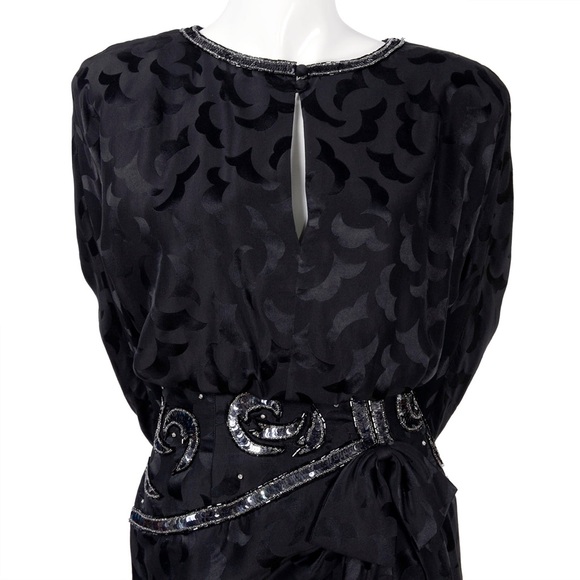 A.J. BARI 100% Silk 1980s Vintage Black Dress Asymmetrical Beaded with Sequins - Picture 6 of 13